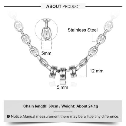 Men Personalised Necklace with 3 Beads Engraved 3 Names Custom Gift For Him