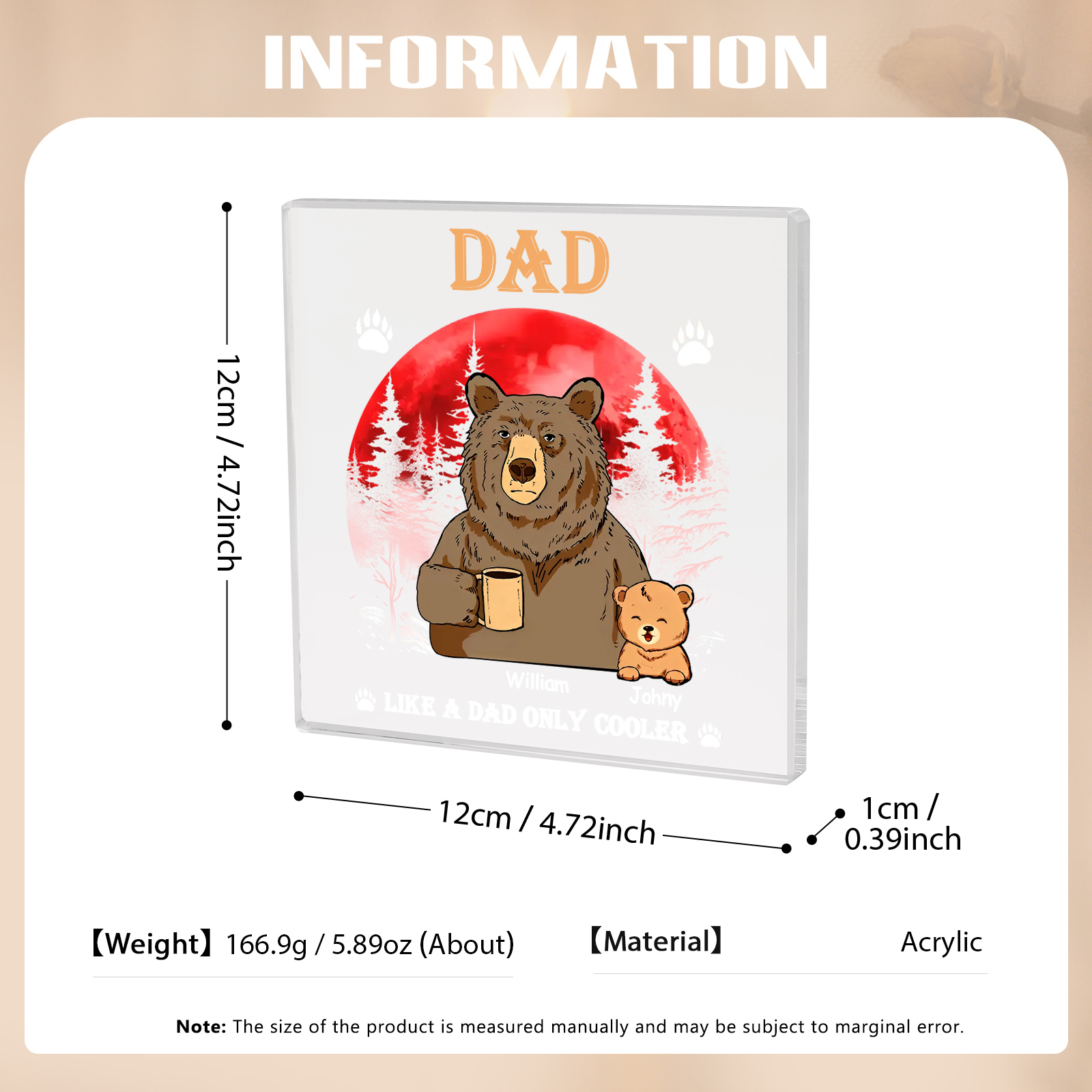 2 Names - Personalised Bear Family Pattern Custom Name Acrylic Square Ornament Father's Day Gift