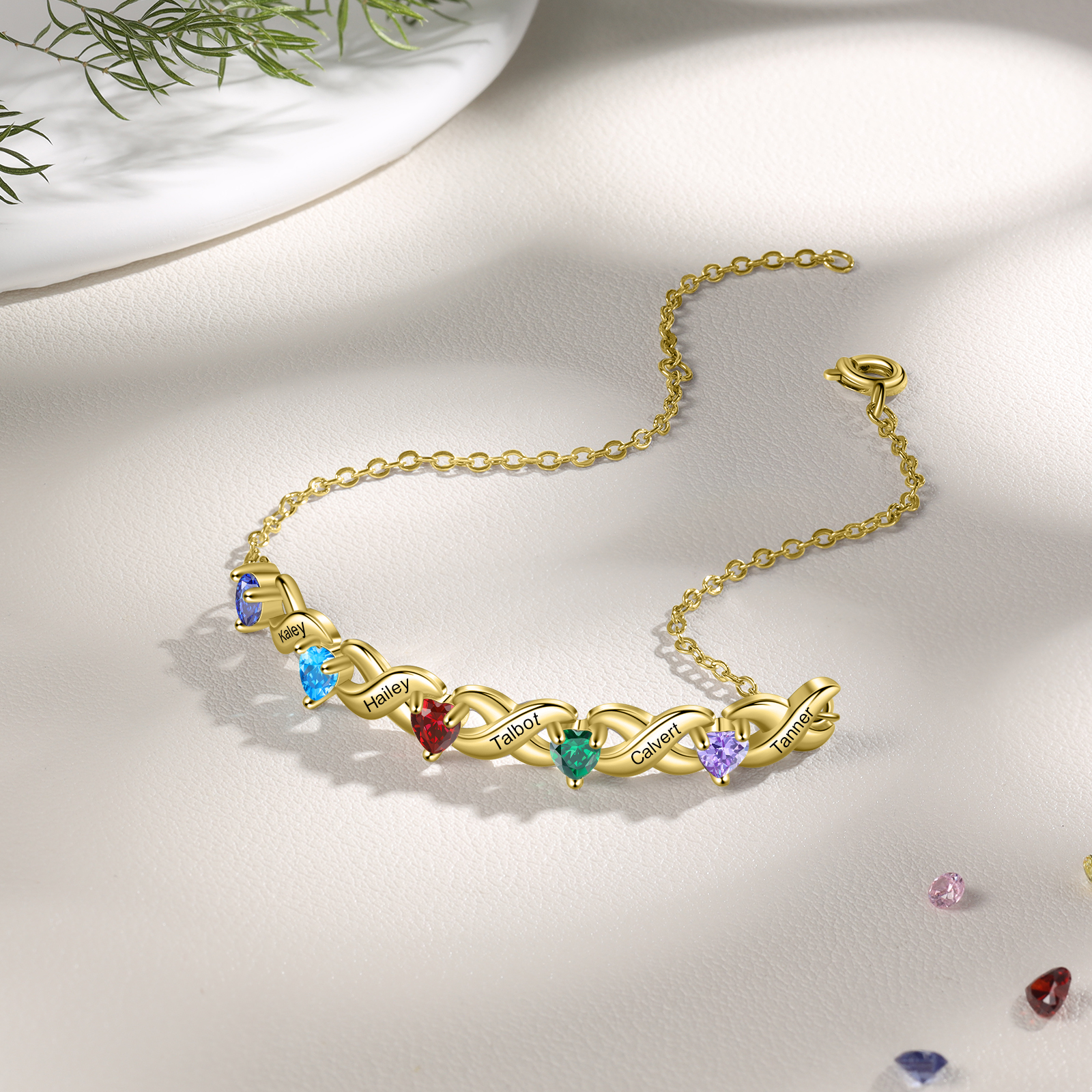 Personalised Bracelet With 5 Heart Birthstones Engraved Names Bracelet Gift For Women
