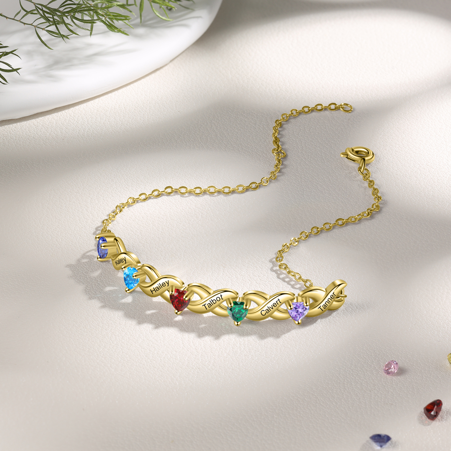 Personalised Bracelet With 5 Heart Birthstones Engraved Names Bracelet Gift For Women
