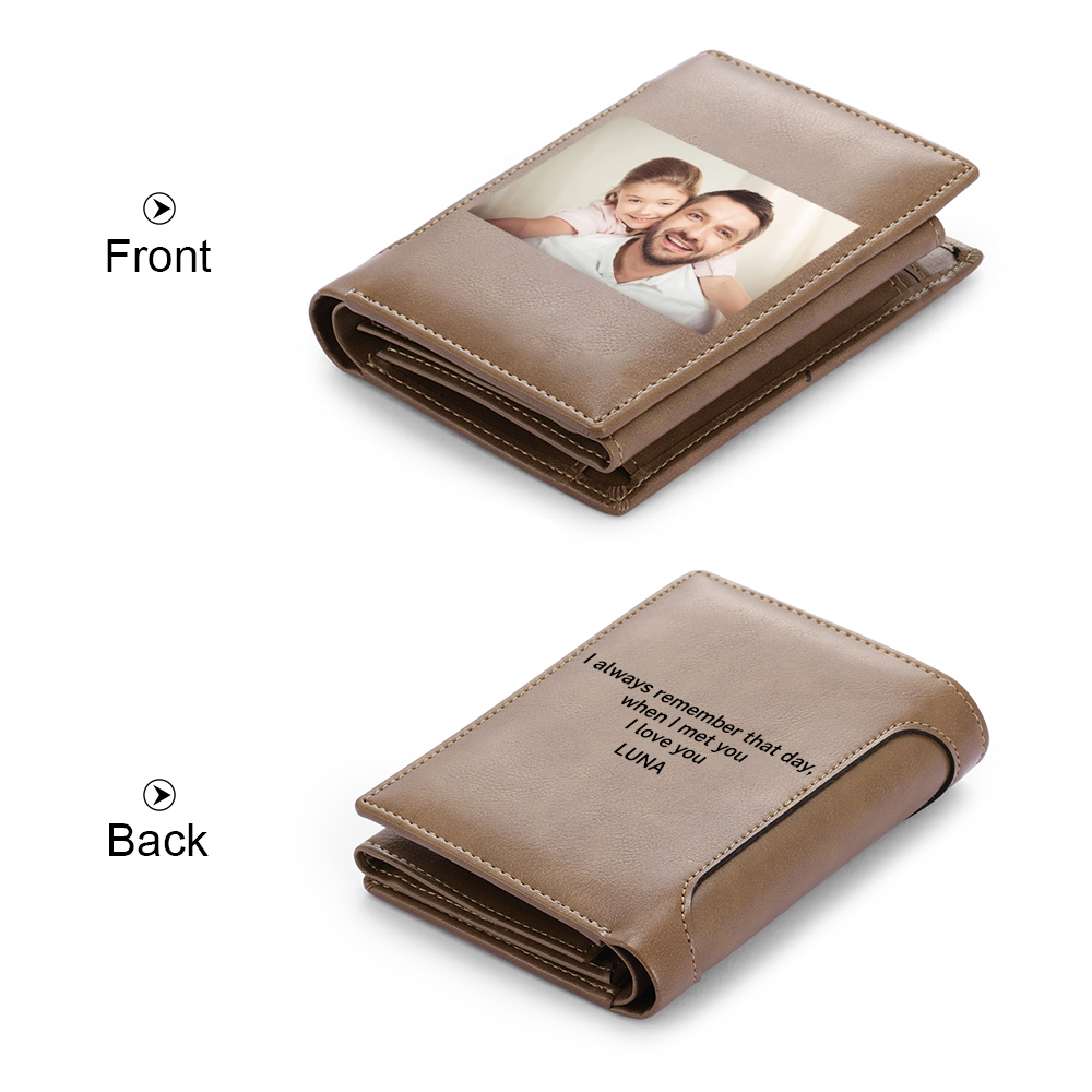 Personalised Photo Customized Leather Men's Wallet Customized Name and Text as Father's Day Gift for Dad