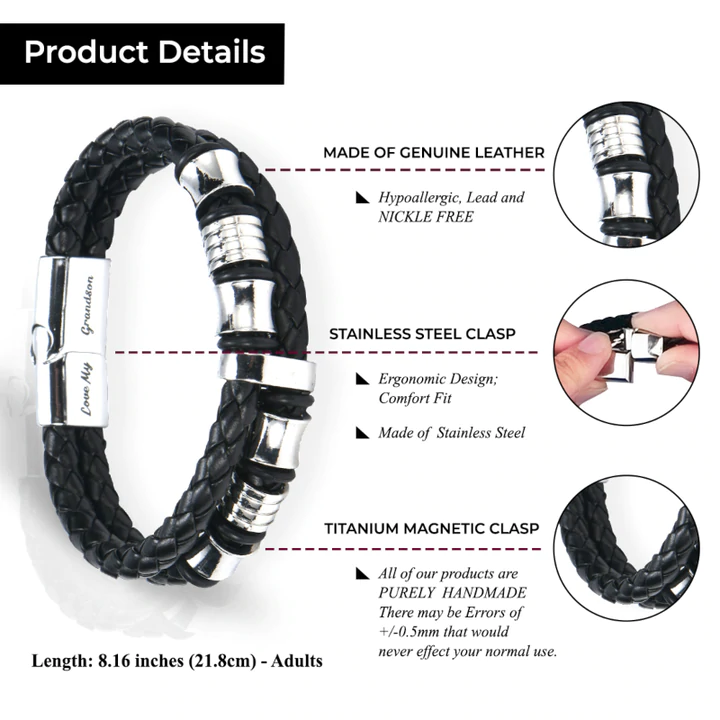 To My Grandson, Inspirational Leather Bracelet Bangle with Message Card Gifts For Him