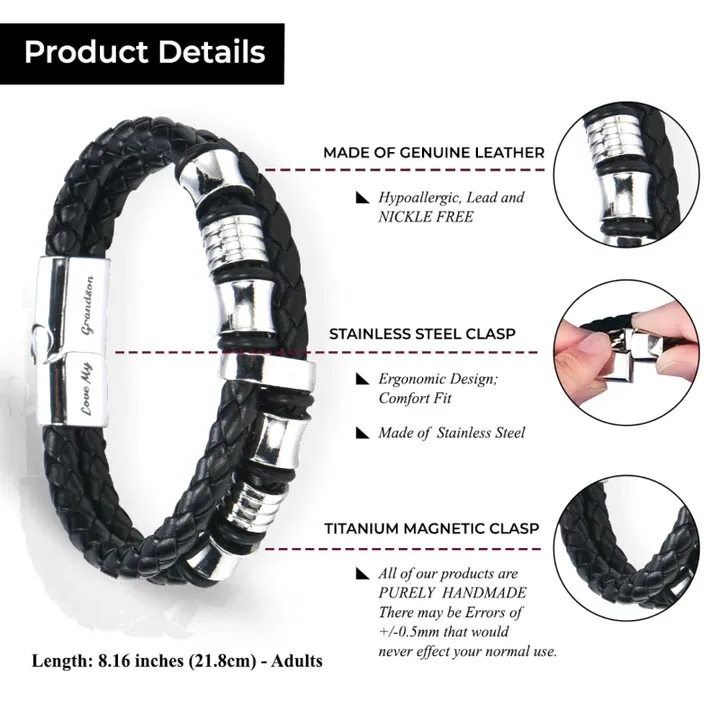 To My Grandson, Inspirational Leather Bracelet Bangle with Message Card Gifts For Him