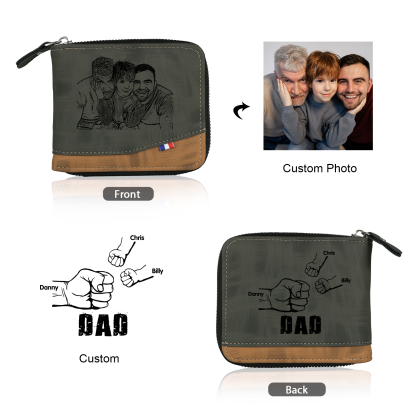 3 Names - Personalised Photo Custom Leather Men's Zipper Wallet as a Father's Day Gift for Dad