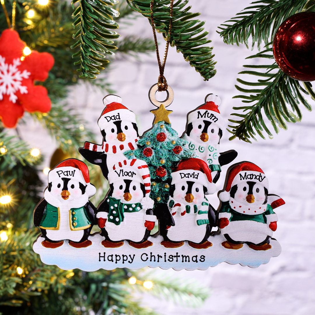 9 Names-Personalized Family Wooden Christmas Ornament-Custom 9 Names Hanging Ornament Gifts For Family-Winter Penguin Family