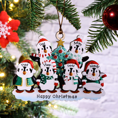 9 Names-Personalized Family Wooden Christmas Ornament-Custom 9 Names Hanging Ornament Gifts For Family-Winter Penguin Family