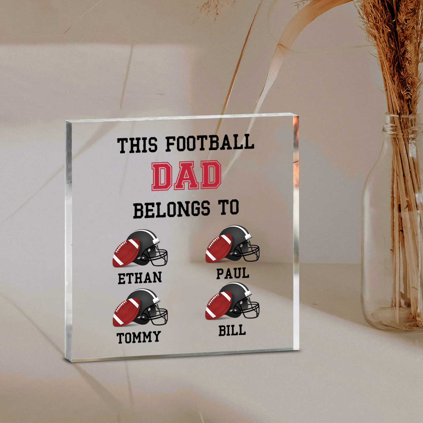 4 Names -Personalised Football Acrylic Keepsake Customized Name Acrylic Plaque Ornament Father's Day Gift for Dad
