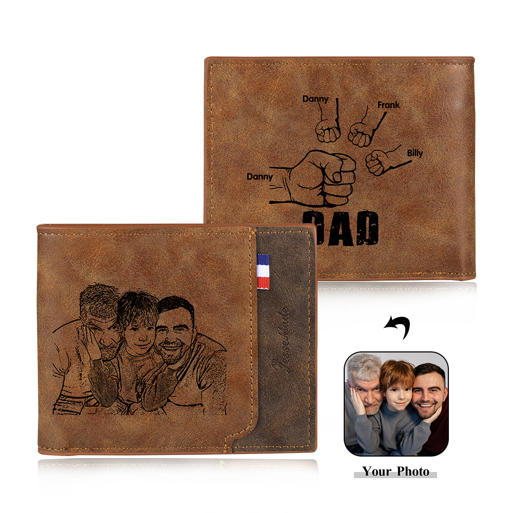4 Names - Personalised Photo Custom Leather Men's Wallet as a Father's Day Gift for Dad