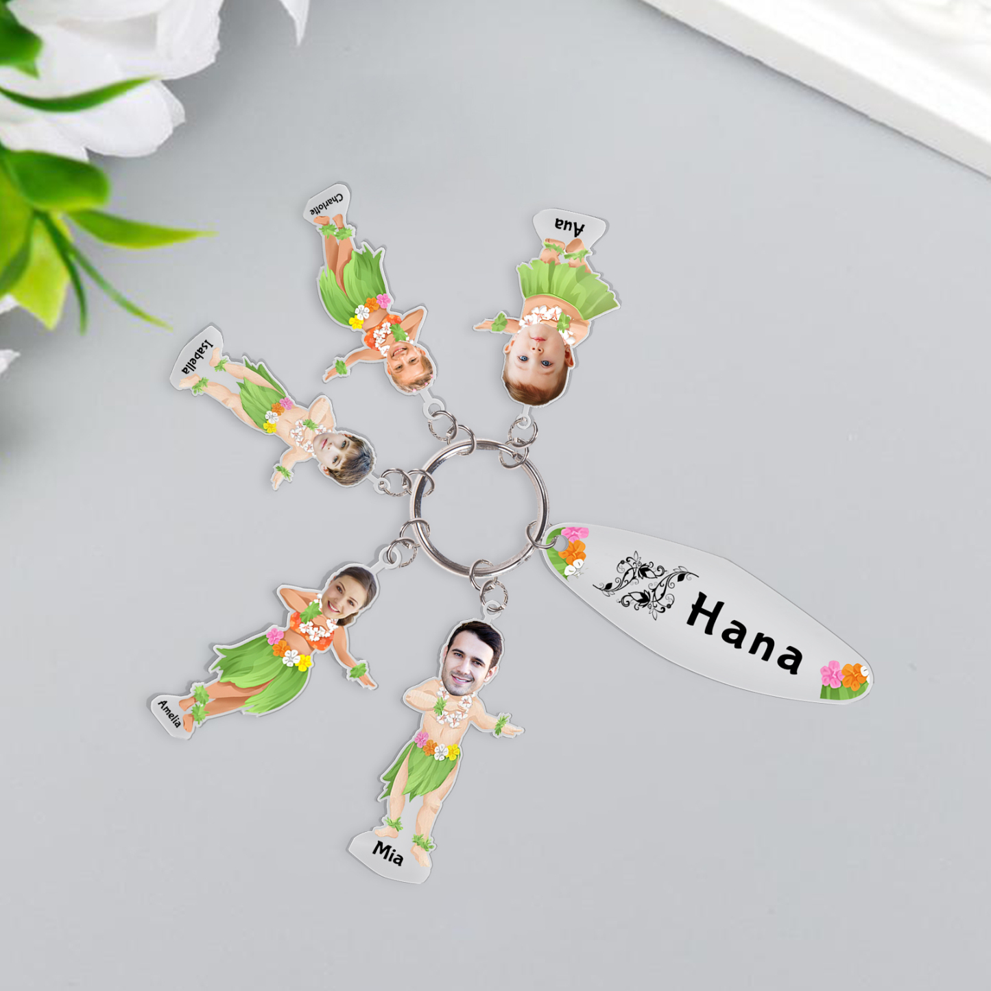 5 Names - Personalised Hawaiian Style Keyring With 5 Photo,5 Name and Text, Gift For Family
