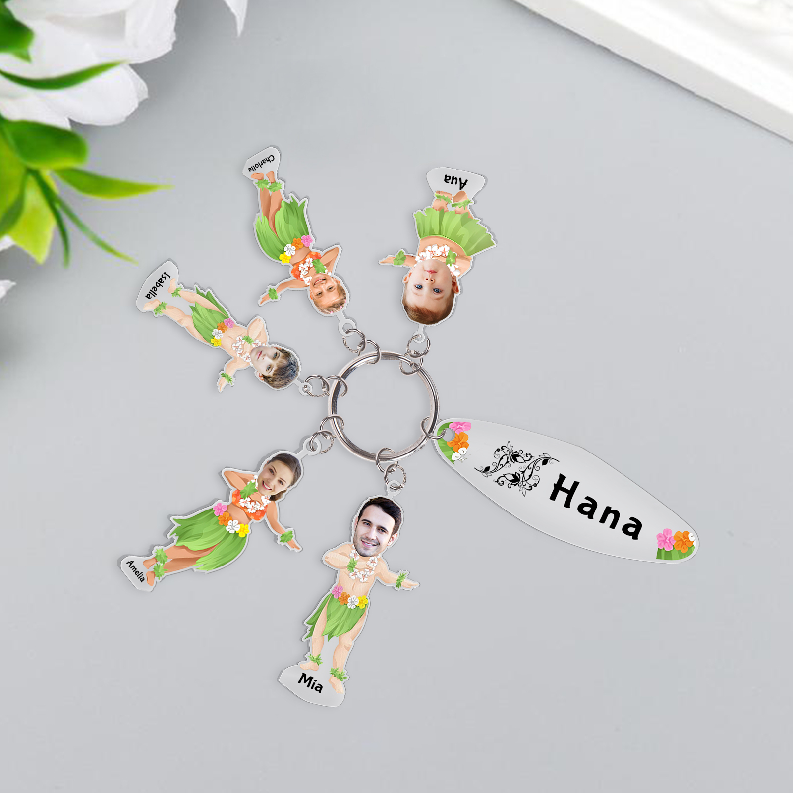 5 Names - Personalised Hawaiian Style Keyring With 5 Photo,5 Name and Text, Gift For Family