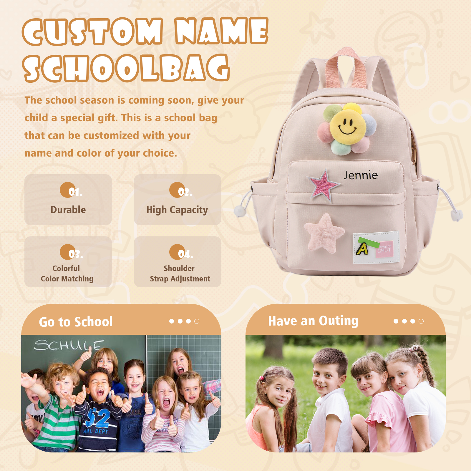 Personalised Nylon Polyester Children's Custom Name Backpack Back to School Gift