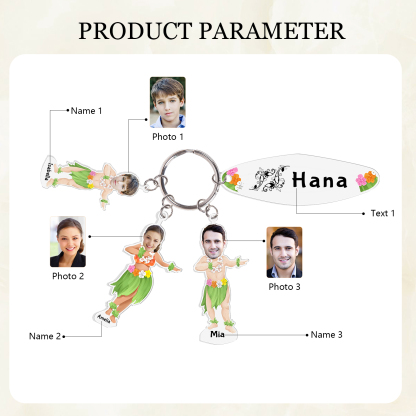 3 Names - Personalised Hawaiian Style Keyring With 3 Photo,3 Name and Text, Gift For Family