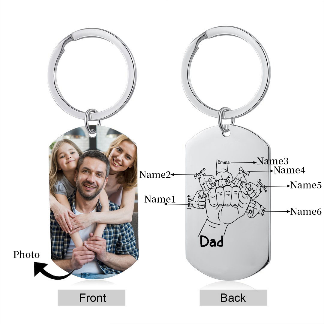 6 Names - Personalised Fist Bump Keyring Custom Photo Father's Day Gift for Dad
