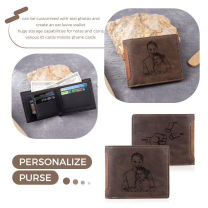 3 Names - Personalised Photo Custom Leather Men's Folding Wallet as a Father's Day Gift for Dad