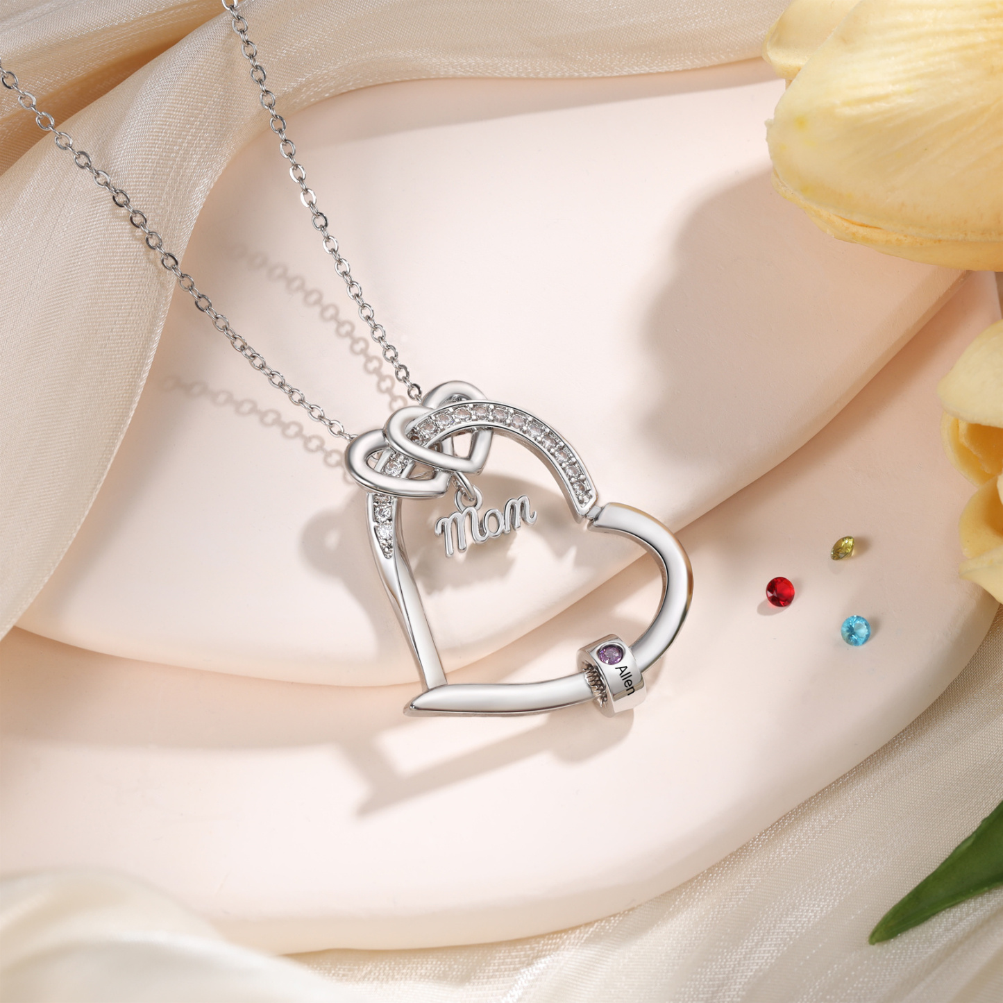 Personalised Mum Heart Necklace with 1-5 Birthstones