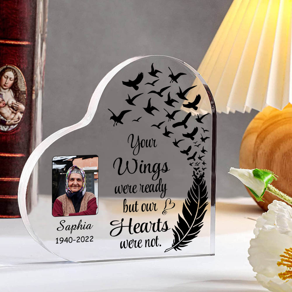 Personalised Memorial Acrylic Heart Keepsake Desktop Photo Ornament-Your Wings Were Ready But My Heart Wasn't-Special Memorial Gift