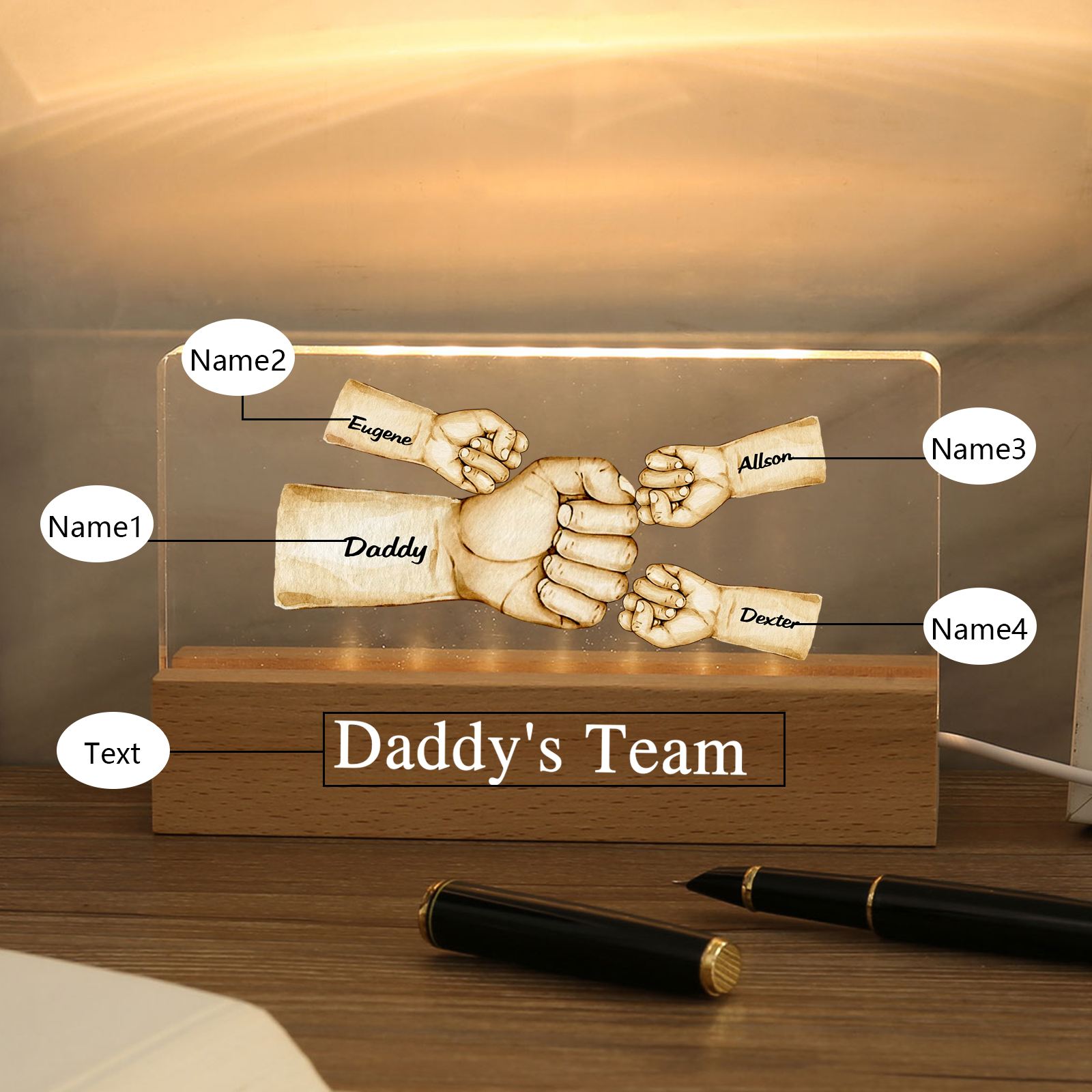 4 Names - Personalised Fist Bump Pattern Table Lamp Customized Text Father's Day Gift for Dad