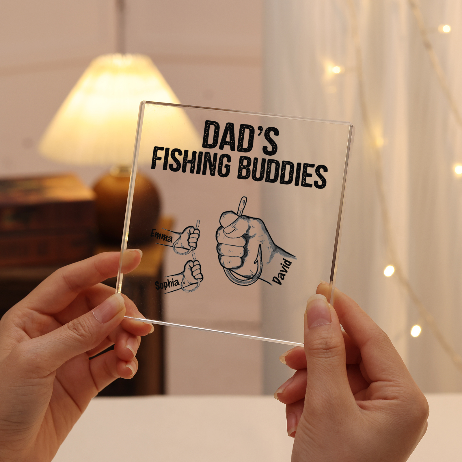 3 Names - Personalised Fishhook Fist Bump Pattern Family Acrylic Keepsake Customized Name Acrylic Home Decor Gift for Dad