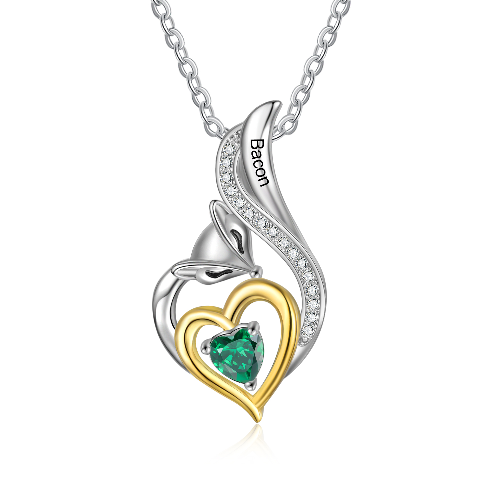 Personalised Heart Fox Necklace with Birthstone Engraved Name Gifts for Her