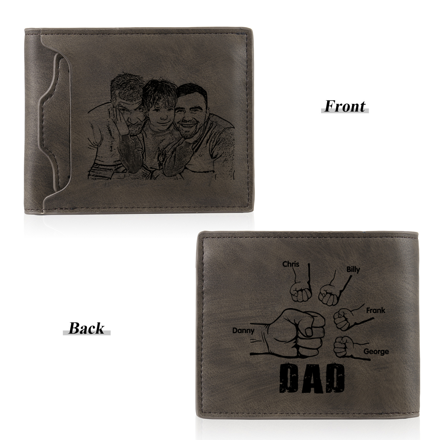 5 Names - Personalised Photo Custom Leather Men's Folding Wallet as a Father's Day Gift for Dad