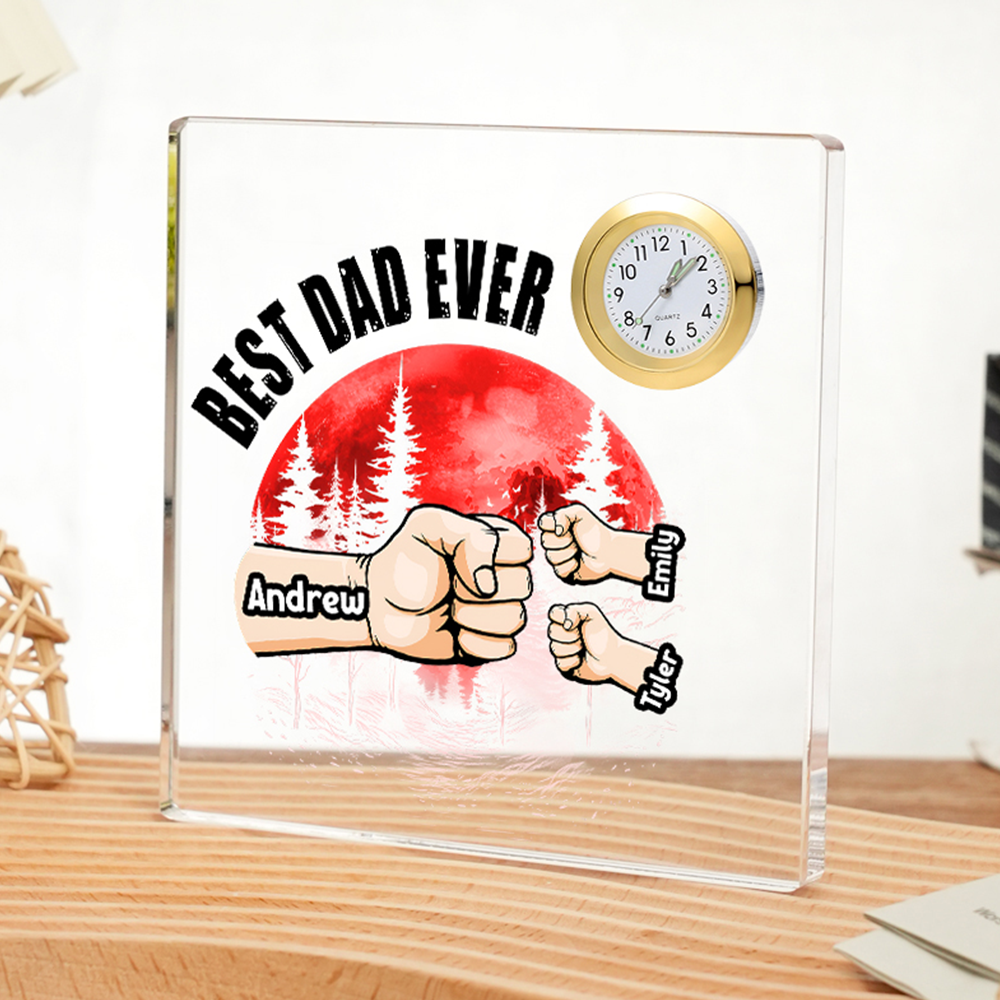 3 Names - Personalised Fist Red Forest Style Acrylic Clock Ornament Ornament Customized Name and Text Acrylic Father's Day Gift for Dad