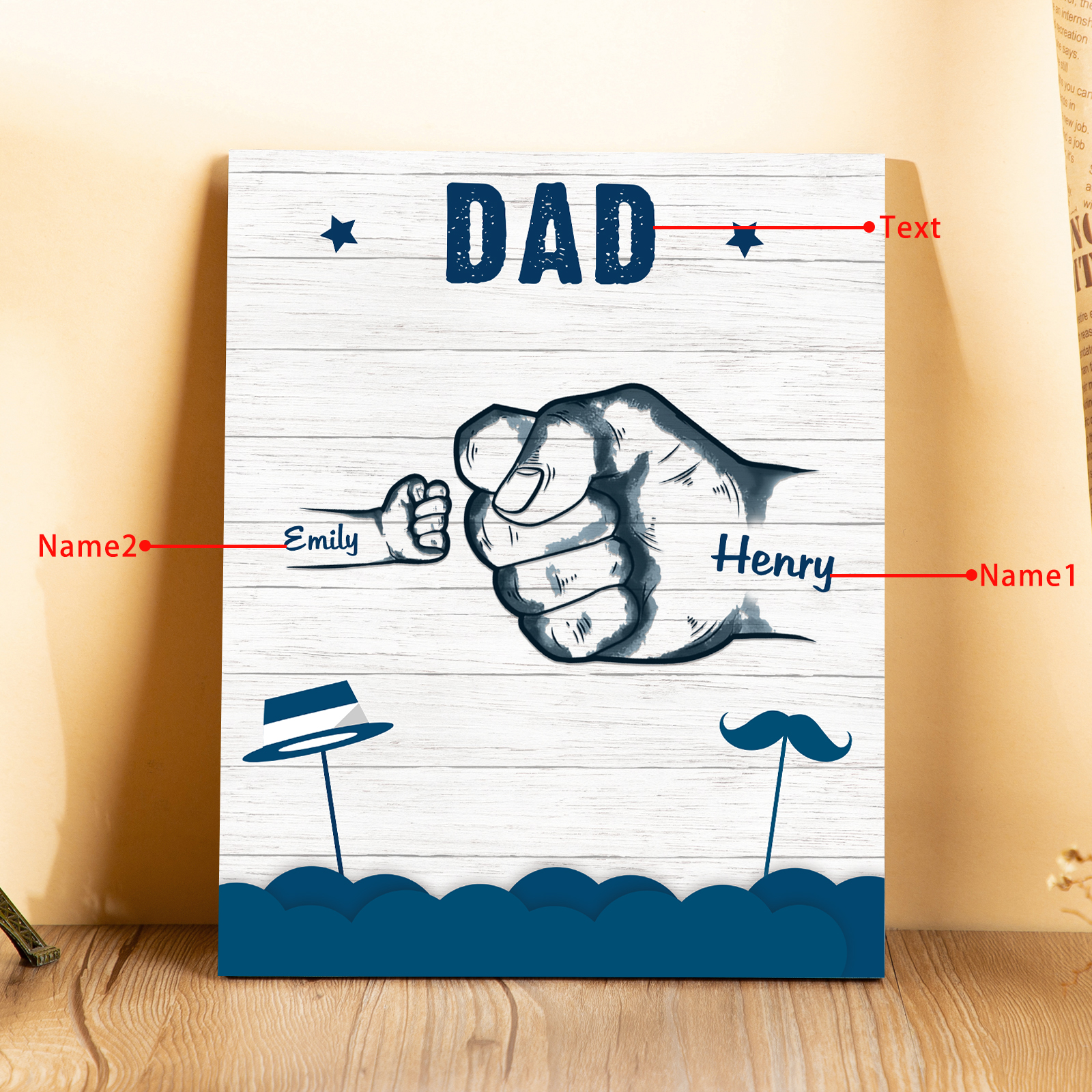 2 Names - Personalised Wooden Ornament Fist Bump Style Engraved Name and Text Ornament for Dad