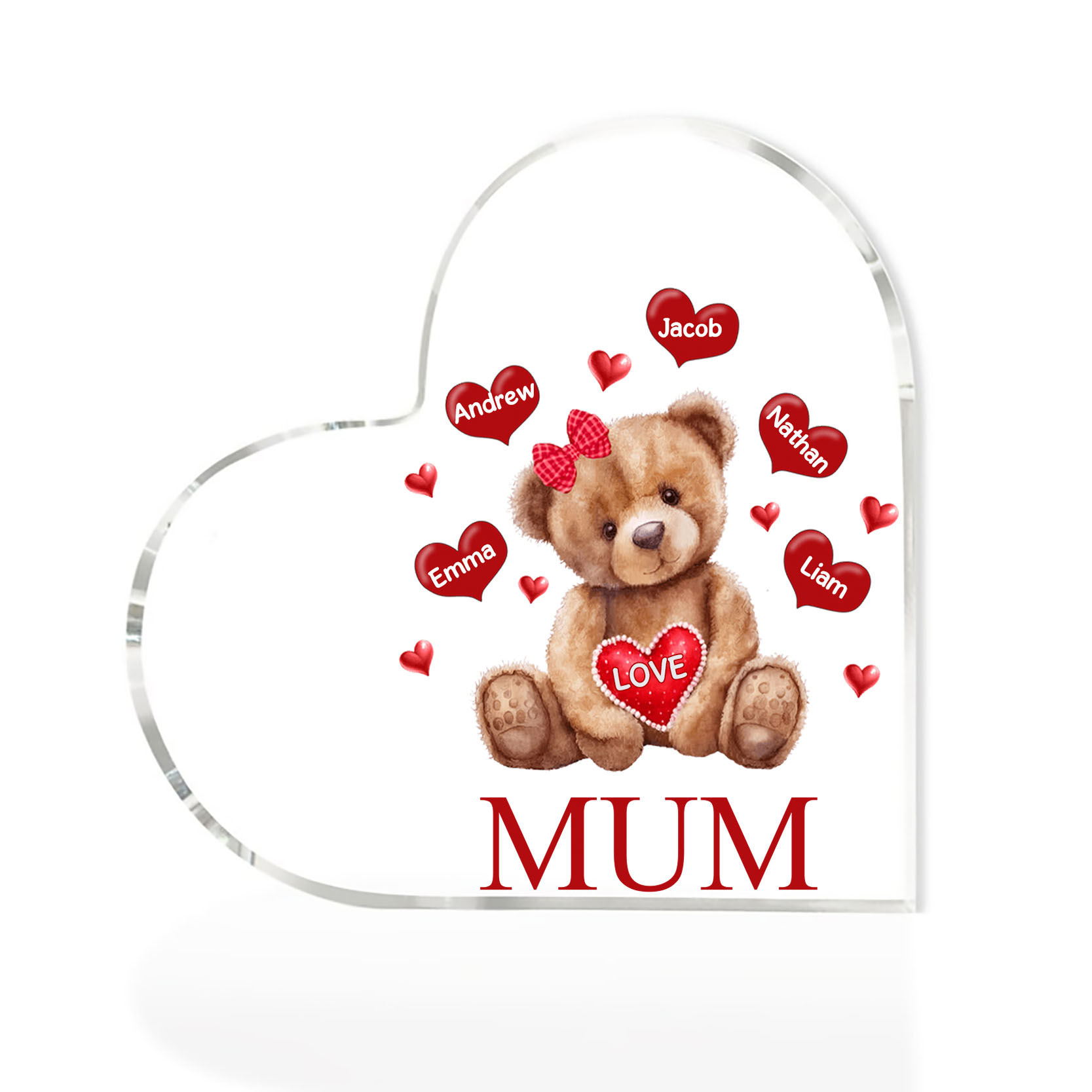 5 Names-Personalised Mum Acrylic Heart Keepsake Custom Text Love Teddy Bear Ornaments Gifts Set With Gift Box for Grandma/Mother