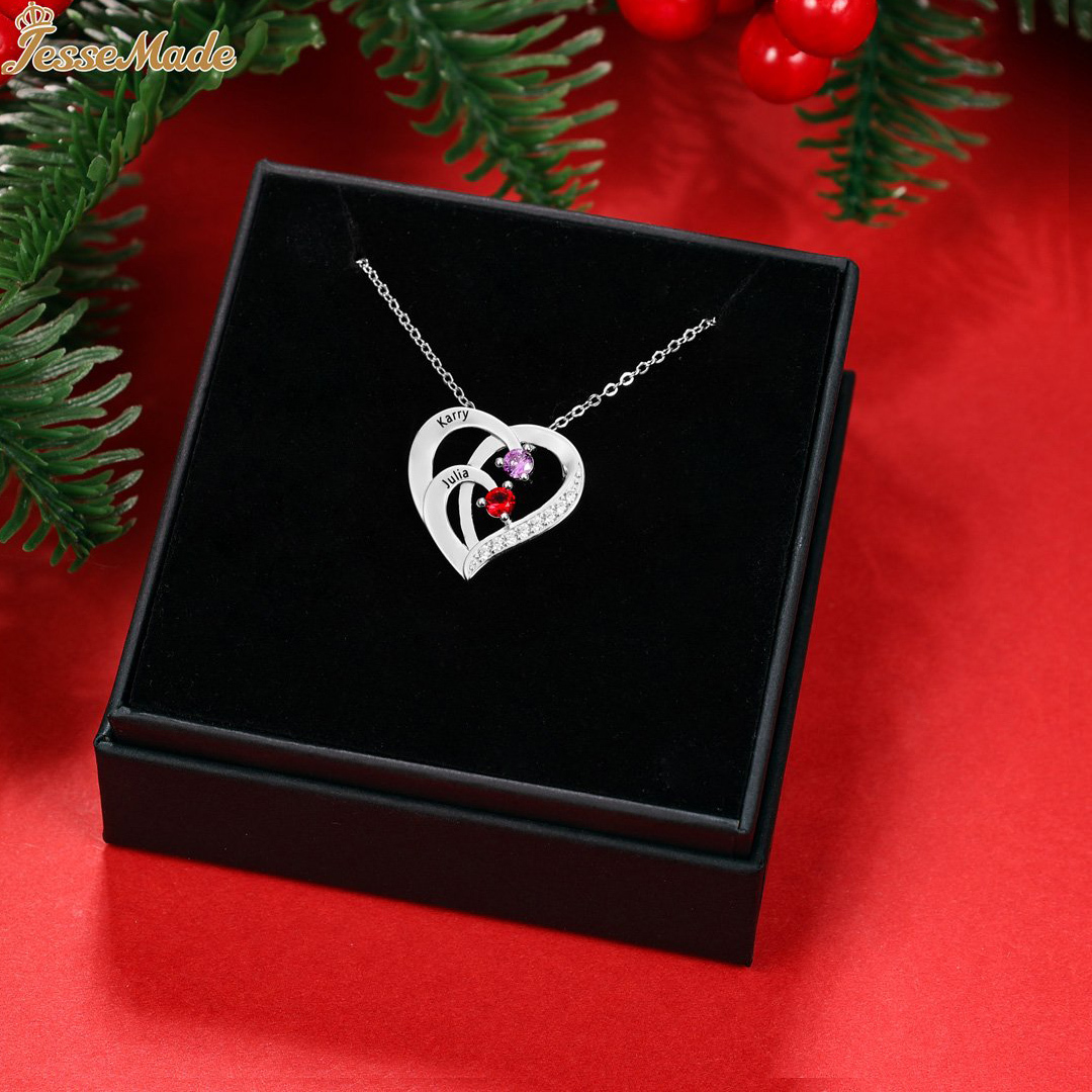 Personalised Mother Necklace 2 Stones Engraved 2 Names Birthstone Intertwined Heart Pendant Gifts for Her