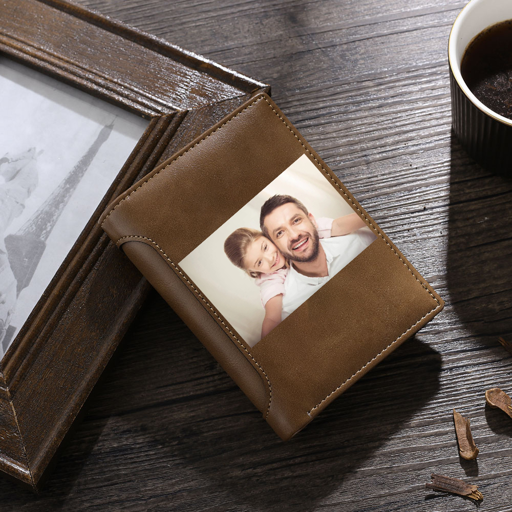 Personalised Photo Customized Leather Men's Wallet Customized Name and Text as Father's Day Gift for Dad