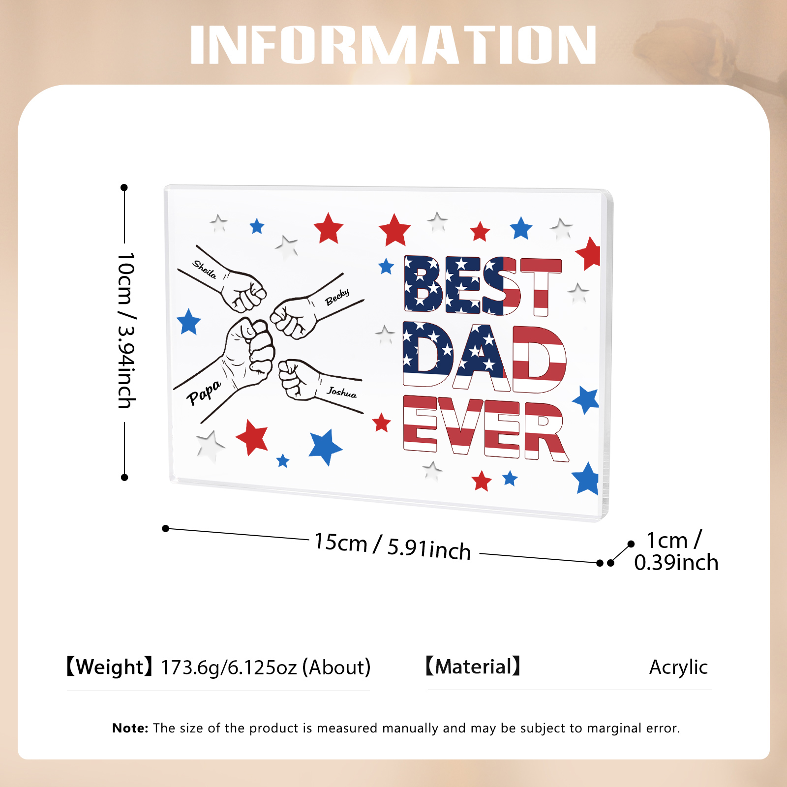 4 Names - Personalised Fist Family Acrylic Keepsake Customized Name Acrylic Home Decor Gift for Dad