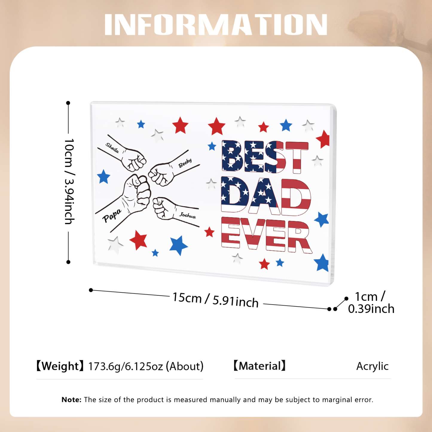 4 Names - Personalised Fist Family Acrylic Keepsake Customized Name Acrylic Home Decor Gift for Dad