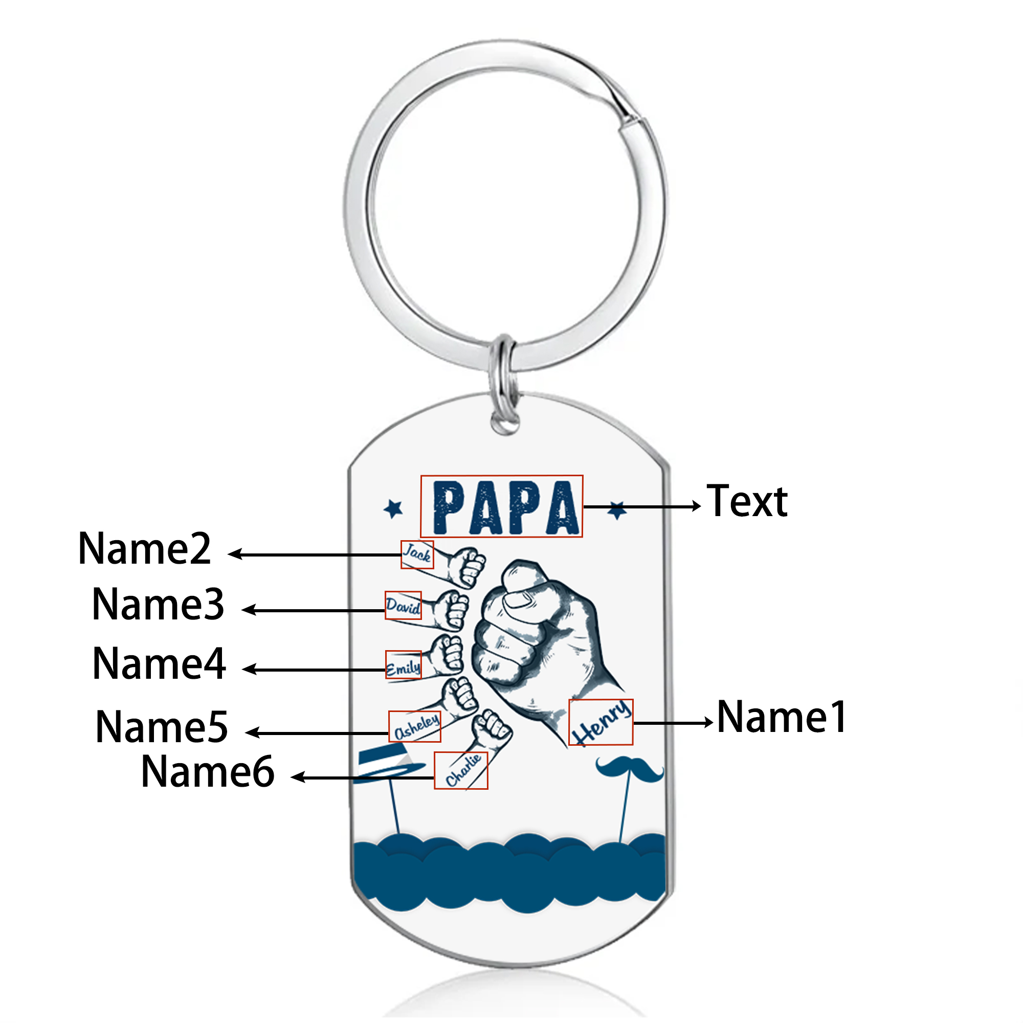 6 Names - Personalised Custom Fist Bump Keyring Hat and Beard Style Keyring Gift for Dad