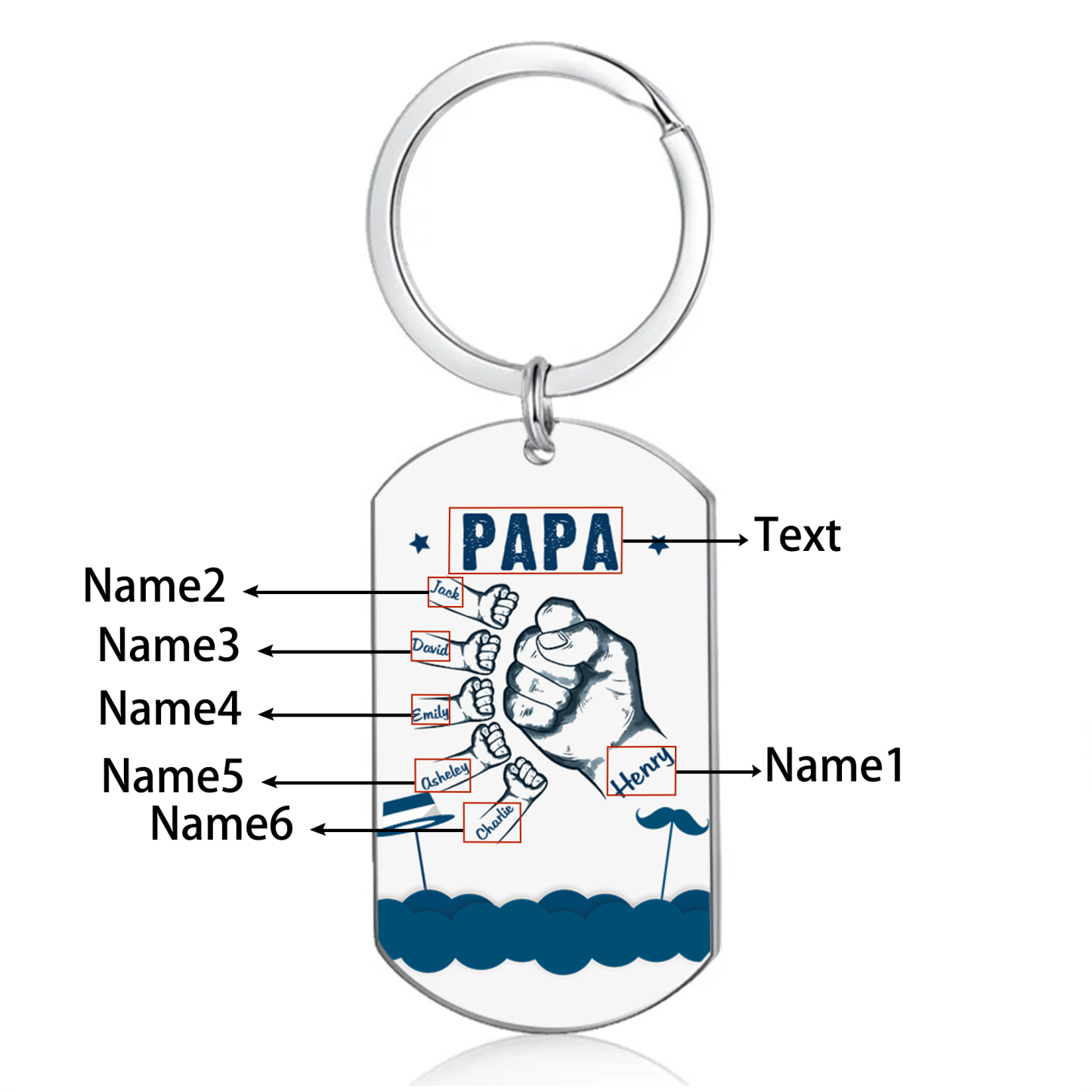 6 Names - Personalised Custom Fist Bump Keyring Hat and Beard Style Keyring Gift for Dad