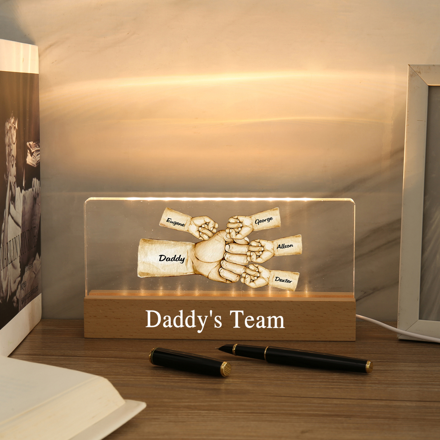 5 Names - Personalised Fist Bump Pattern Table Lamp Customized Text Father's Day Gift for Dad