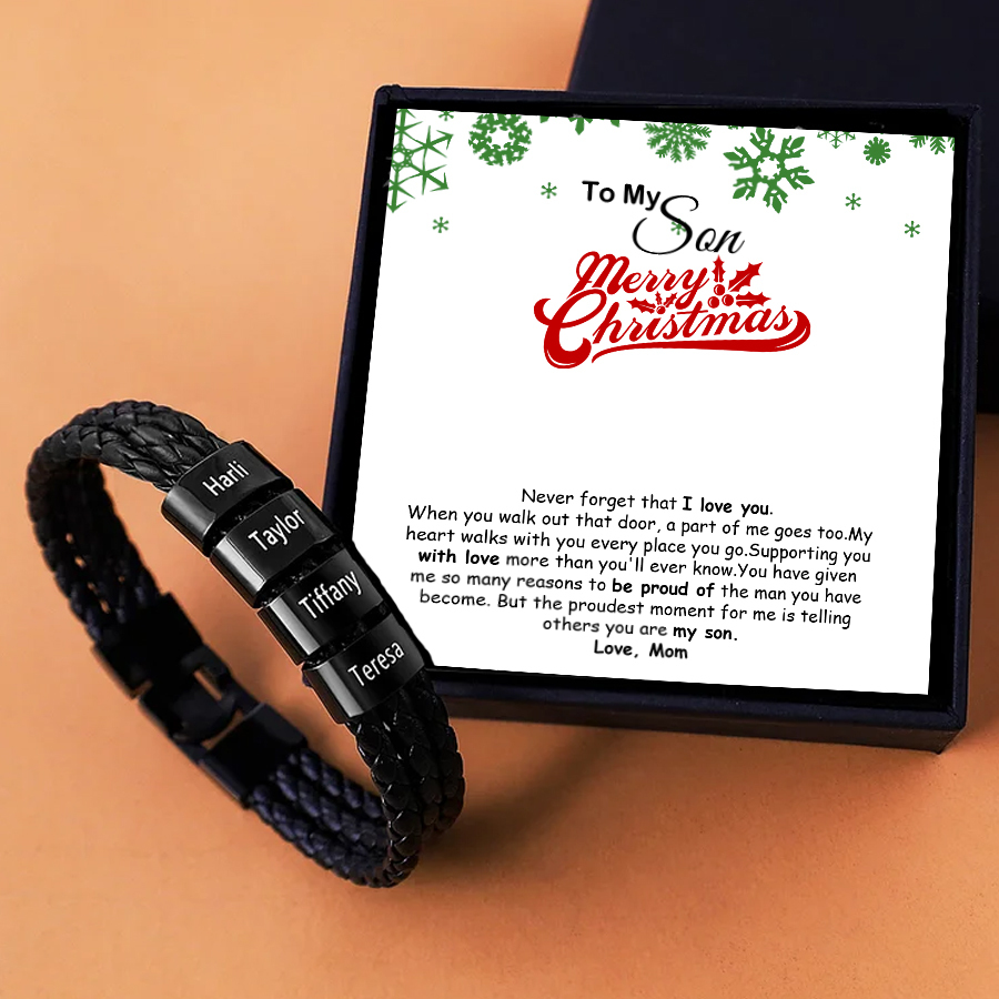 Black Braided Leather Custom 4 Beads Men's Bracelets For Him Best Gift For Him