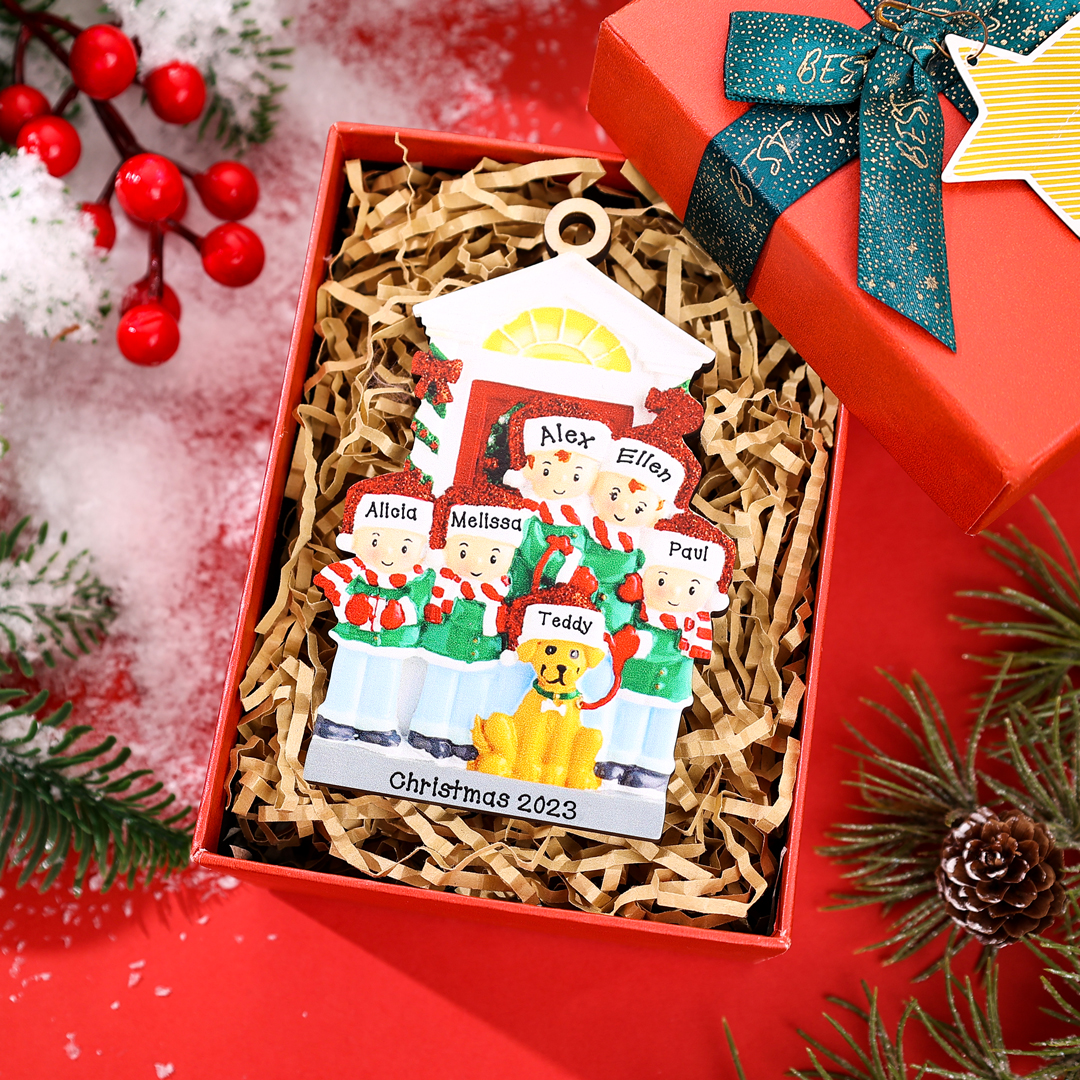 5 Names+Dog Name-Personalised Family Christmas Xmas Tree Decoration Hanging Wooden Ornament with Name-Family with Dog