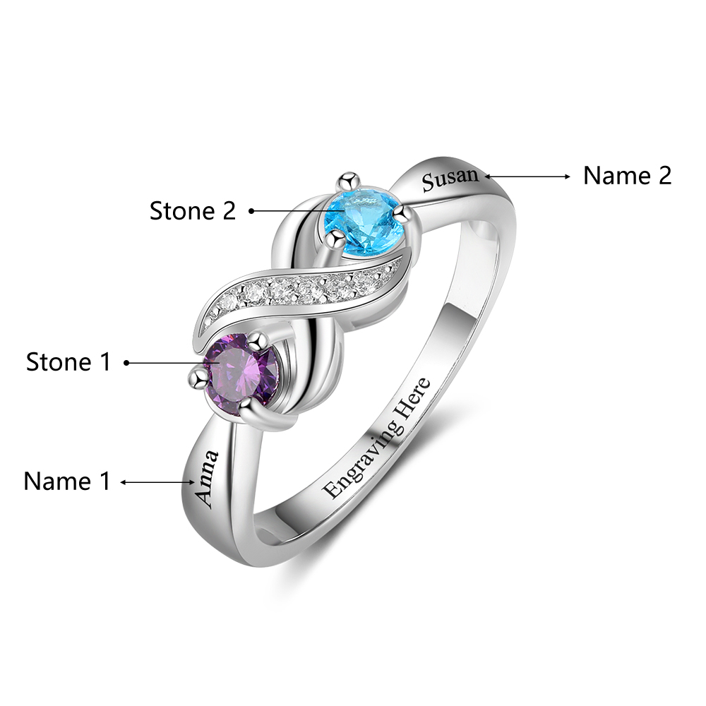 Family Ring Promise Ring Personalised 2 Birthstones Ring With Names Gifts for Her