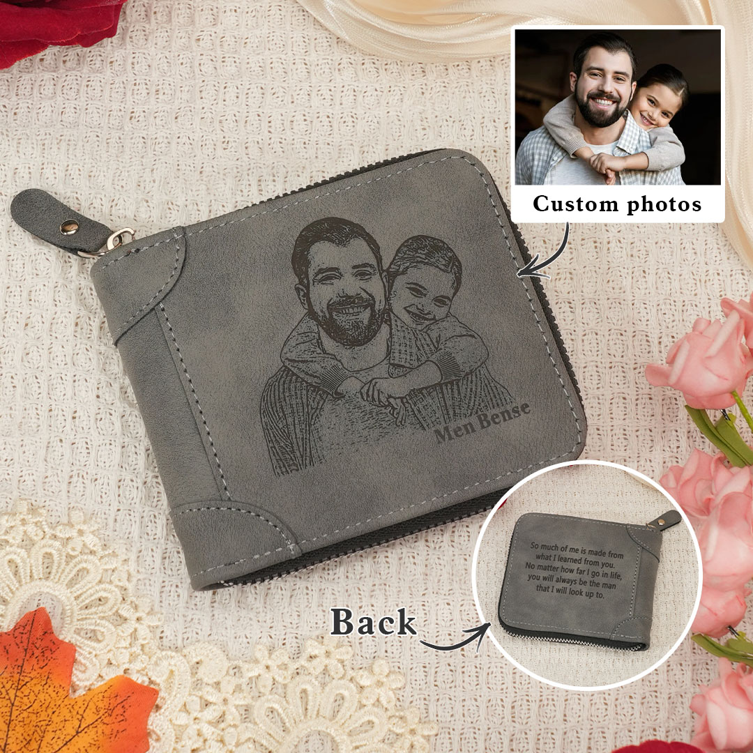 Photo Personalised Leather Zipper Men's Wallet Custom Text Fold Wallet With Gift Box for Dad