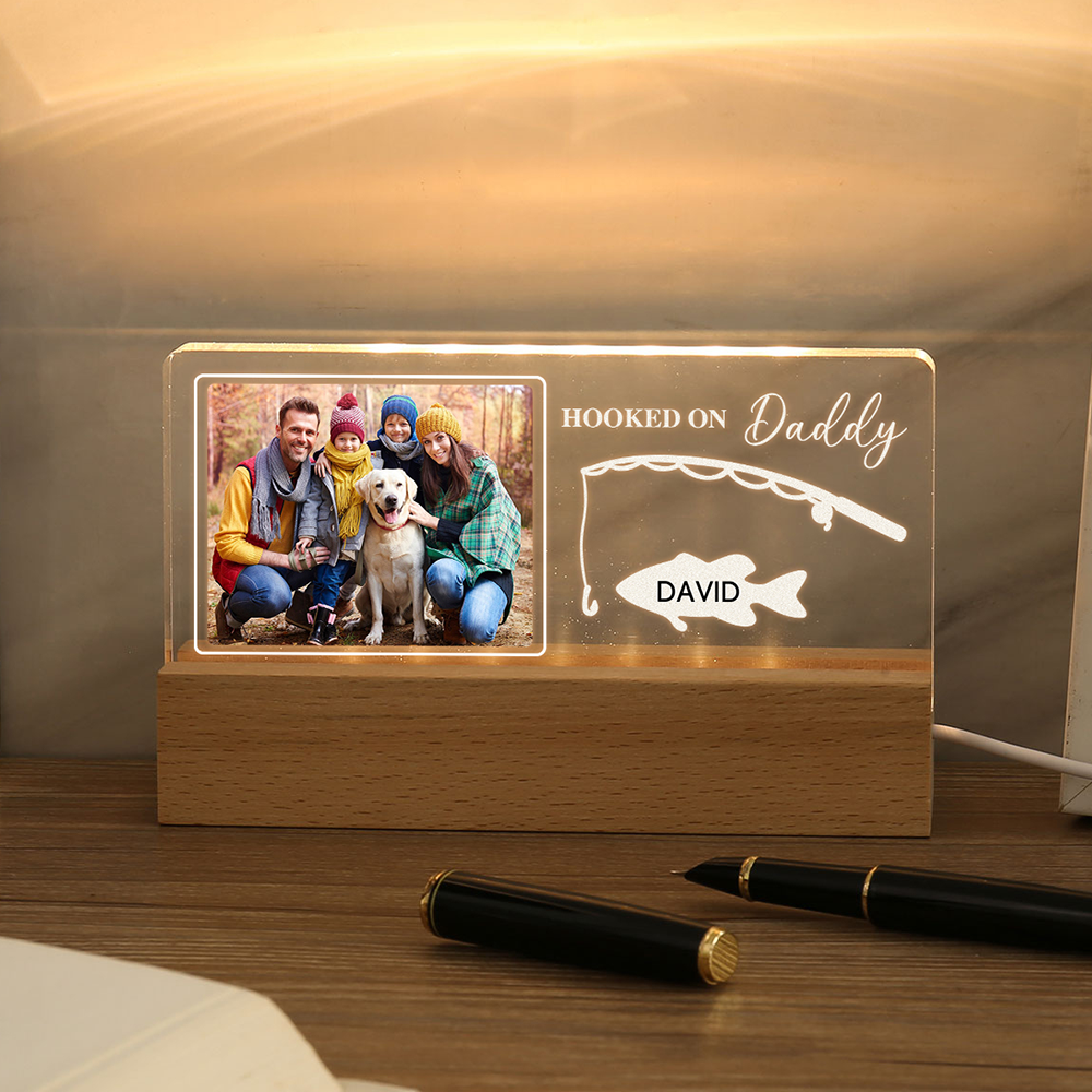 1 Name - Personalised Photo Fishing Pattern Desk Lamp Father's Day Gift For Dad