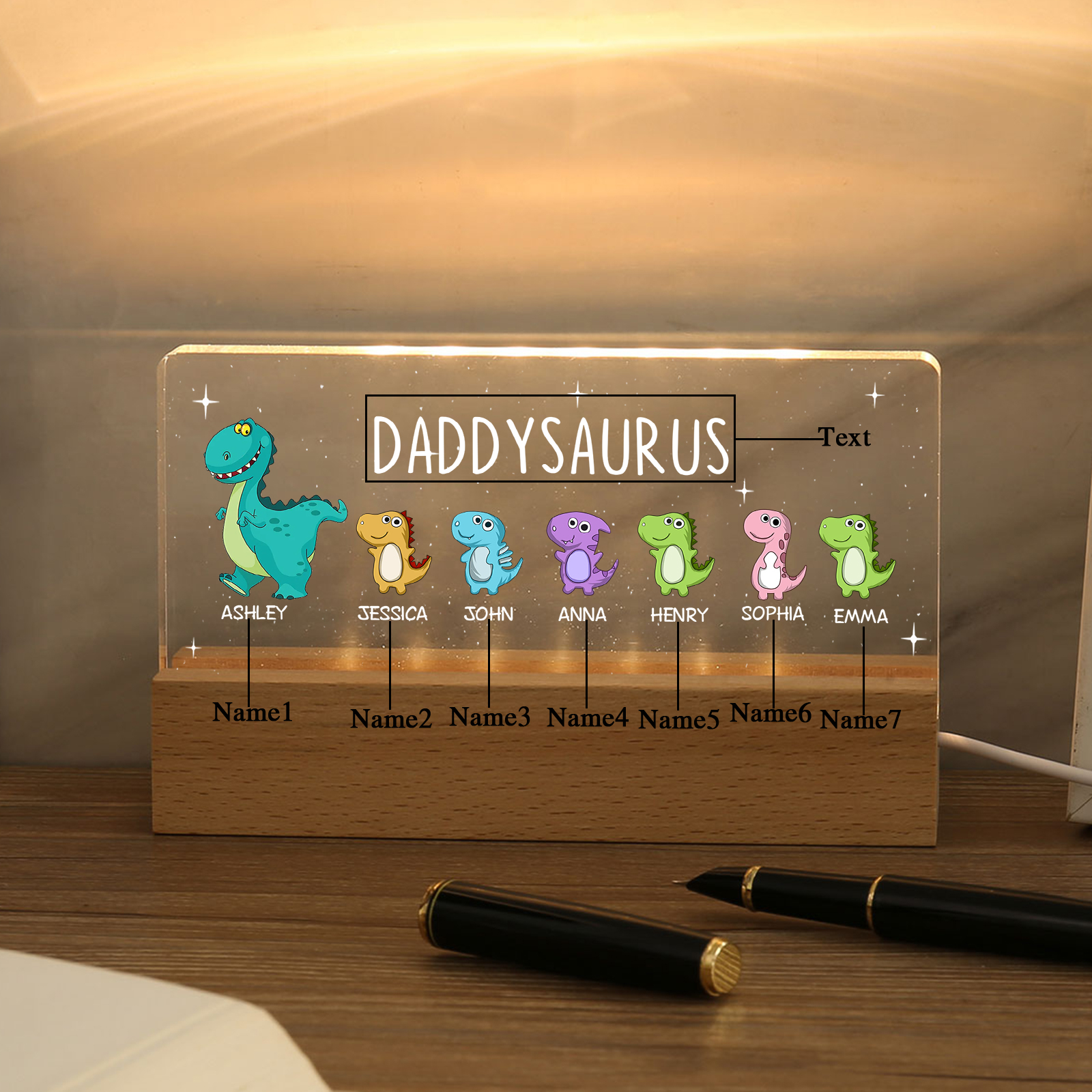 7 Names - Personalised Cute Dinosaur Pattern Beautiful Table Lamp Father's Day Gift for Dad