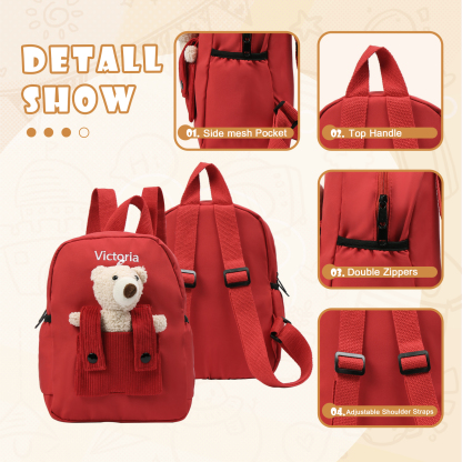 Personalised Bear School Bag Custom Name Canvas Backpack Back To School Gift for Kids