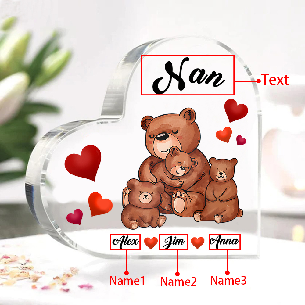 Personalised Heart-Shaped Acrylic Plaque Customizable with 3 Names and Text with Bear Design -  For Nan | Jessmade