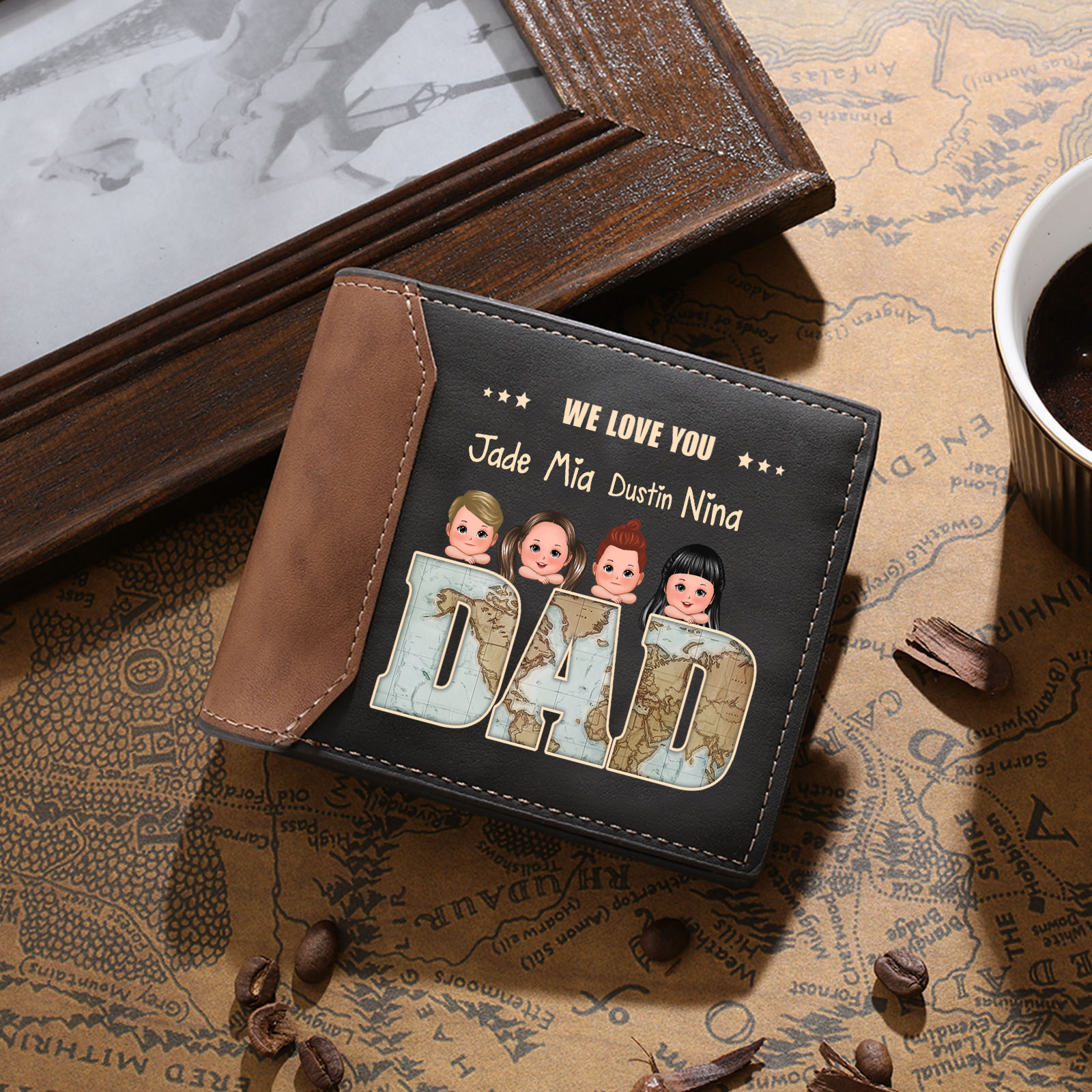 Personalised Dad Wallet – Custom 2-6 Names Men's Wallet with “We Love You” - Christmas Gift for Dad | Jessemade