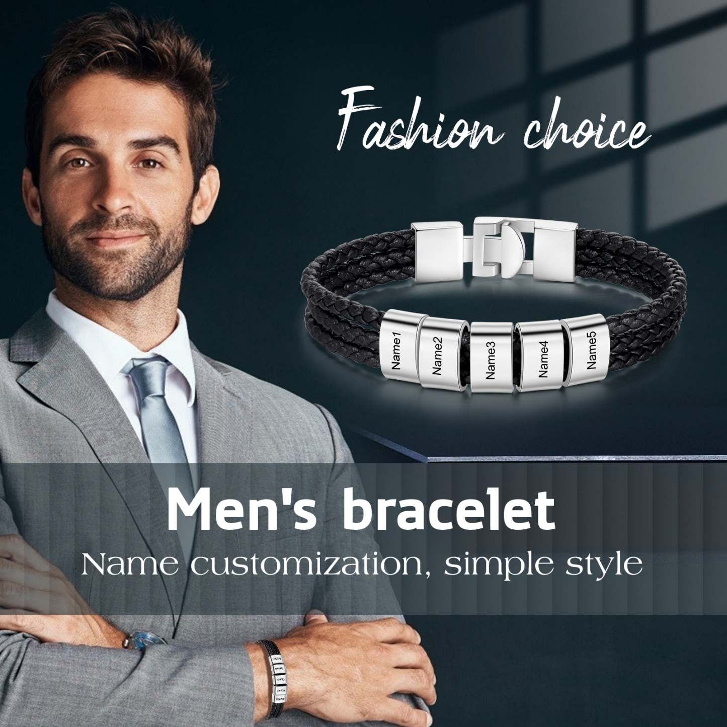 Personalised Braided Leather Bracelet Engraved 5 Names Men's Bracelet Gifts For Him