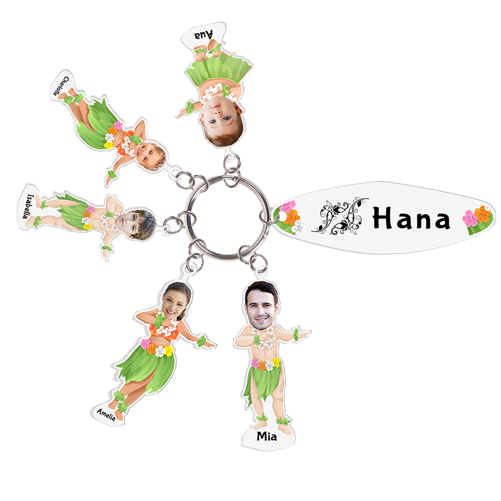 5 Names - Personalised Hawaiian Style Keyring With 5 Photo,5 Name and Text, Gift For Family