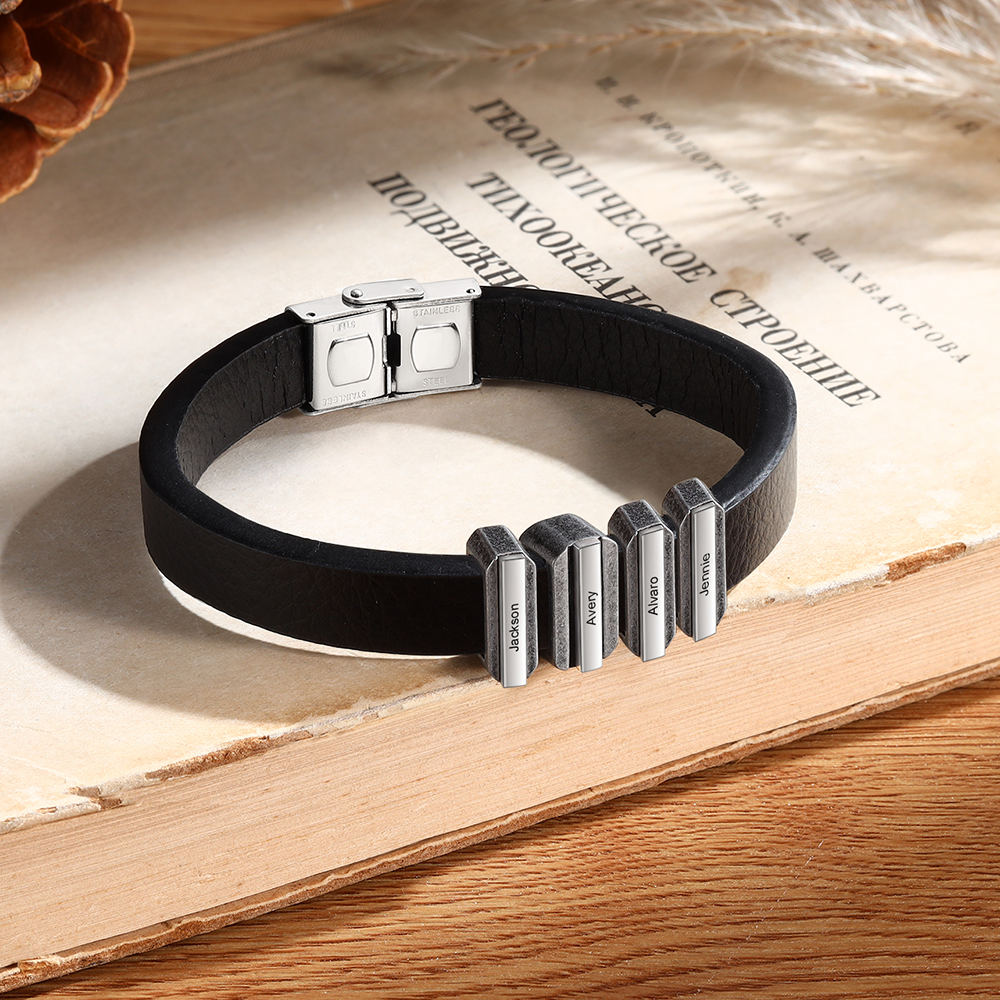 4 Names Personalised Stainless Steel Leather Bracelet Engraved Name Men's Bracelet Gift for Dad