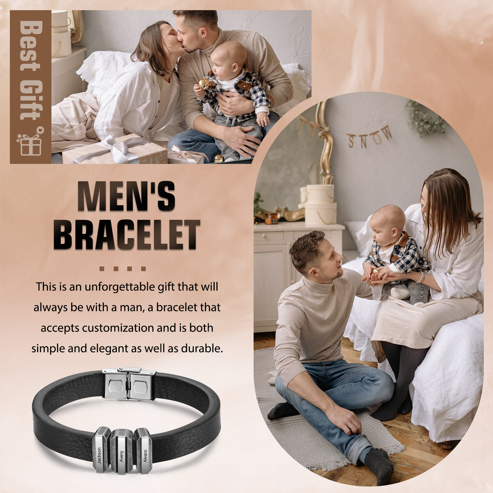 3 Names Personalised Stainless Steel Leather Bracelet Engraved Name Men's Bracelet Gift for Dad