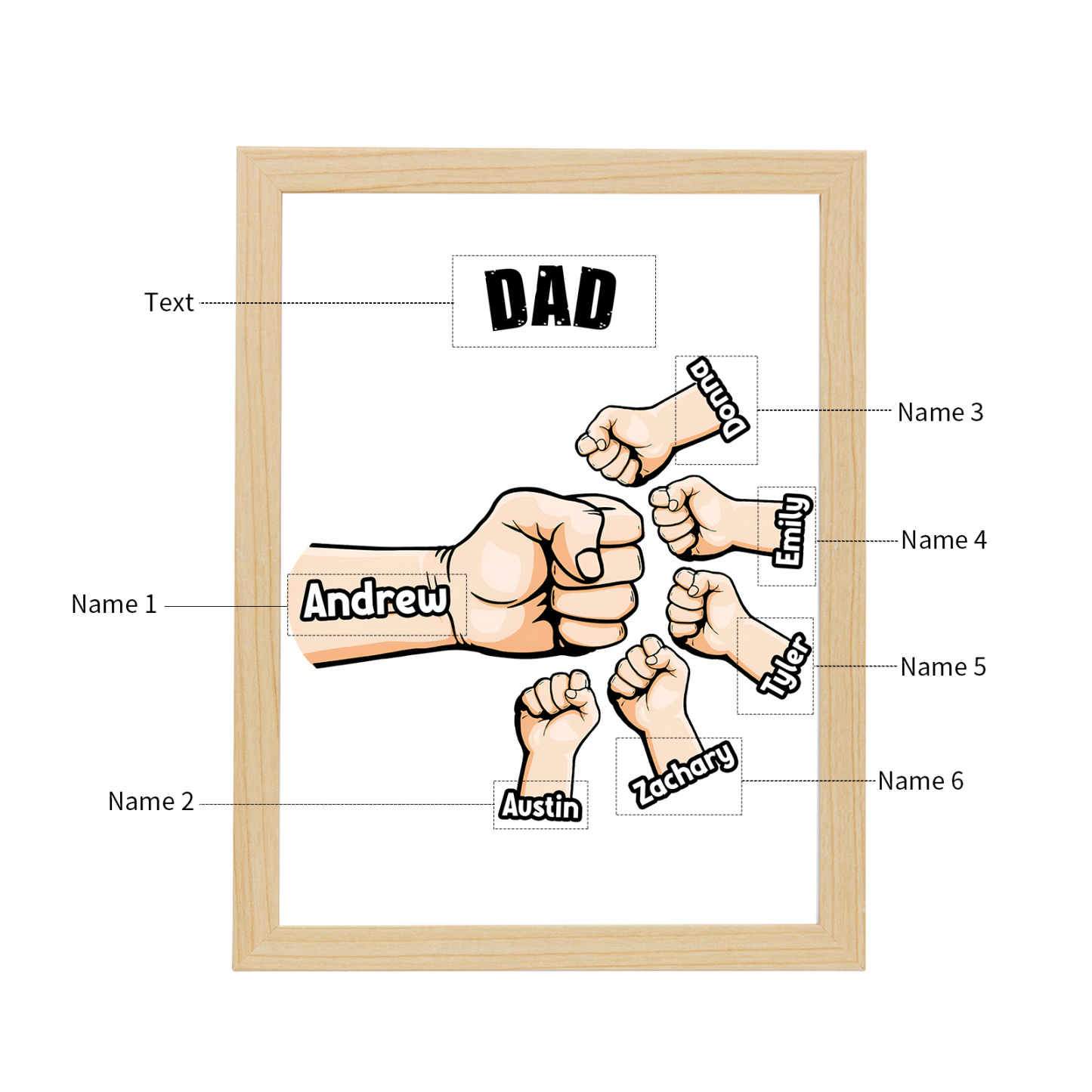 6 Names-Personalised Fist Dad LED Light Wooden Photo Frame -Custom Text & Names, Adjustable 3 Colors