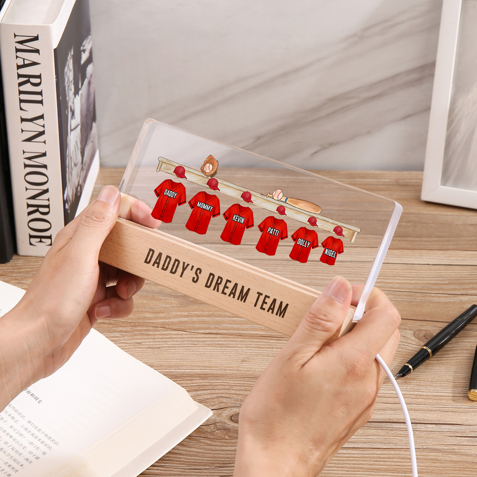 6 Names - Personalised Baseball Jersey Desk Lamp - Dad's Dream Team - Father's Day Gift for Dad