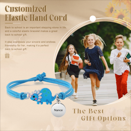 Personalised Name Cute Dinosaur Style Elastic Cord Rubber Rope Bracelet, As A Back To School Gift For Children